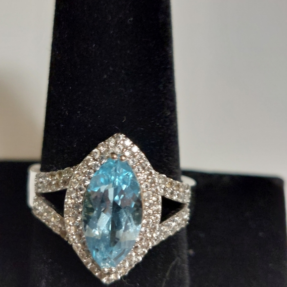 Vintage Sky Blue Topaz and White Zircon Sterling Silver Ring Size 10 - Picture 8 of 16